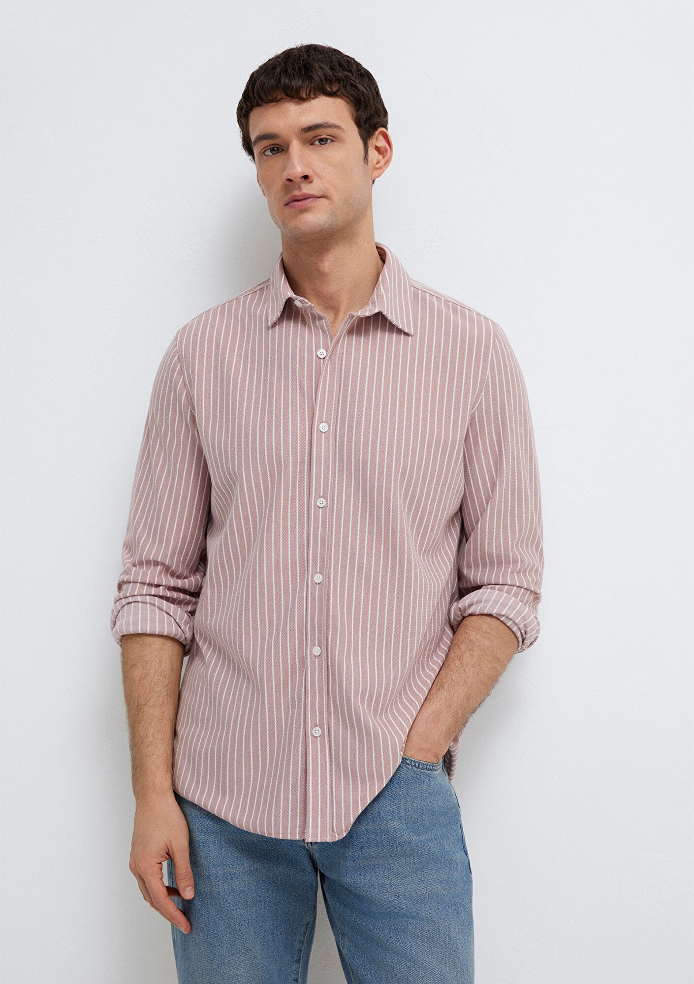  Mavi Çizgili Pembe Gömlek Slim Fit / Dar Kesim 0211404-91578