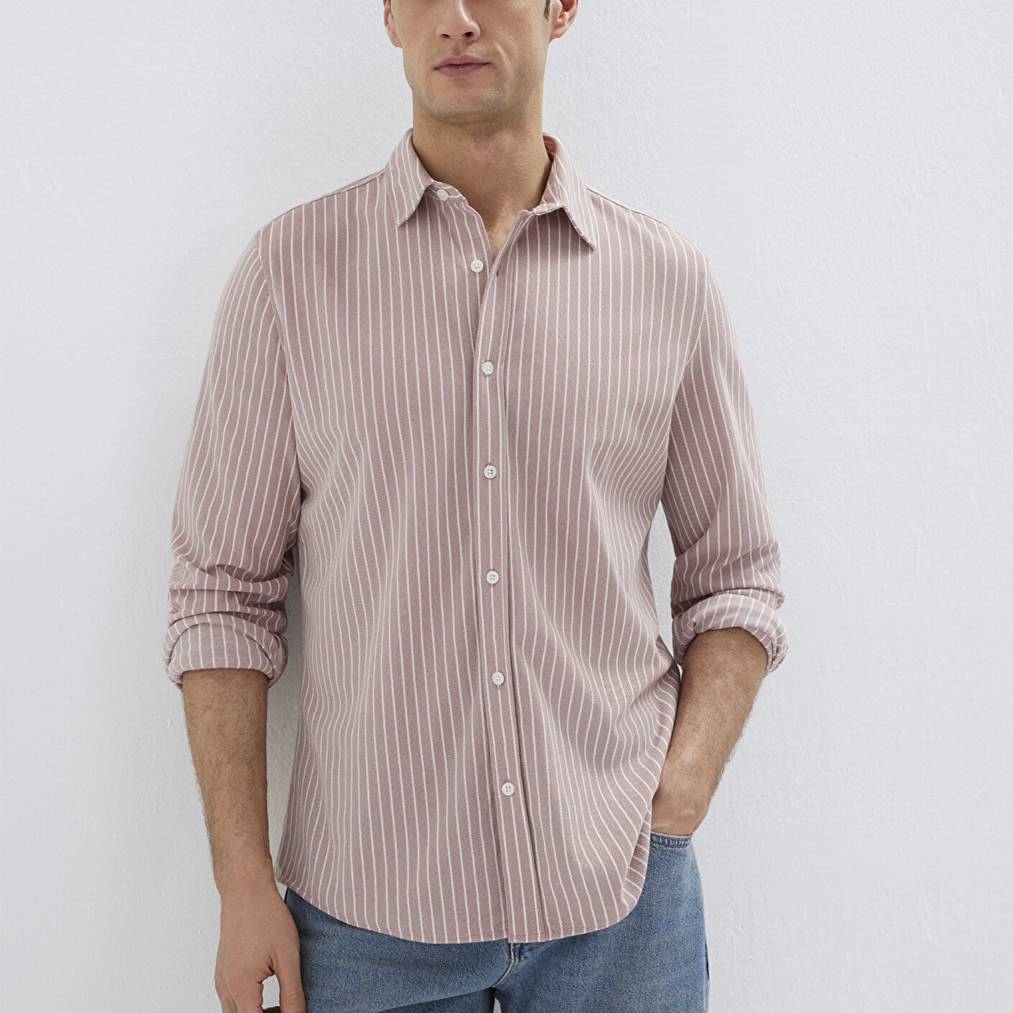 Mavi Çizgili Pembe Gömlek Slim Fit / Dar Kesim 0211404-91578