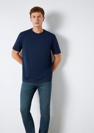  Mavi Bisiklet Yaka Lacivert Basic Tişört Loose Fit / Bol Rahat Kesim 0611596-70497