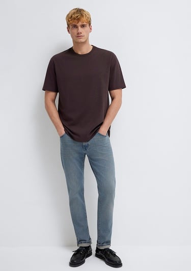  Mavi Bisiklet Yaka Kahverengi Basic Tişört Loose Fit / Bol Rahat Kesim 0611596-88083