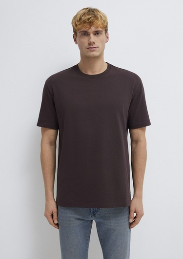  Mavi Bisiklet Yaka Kahverengi Basic Tişört Loose Fit / Bol Rahat Kesim 0611596-88083