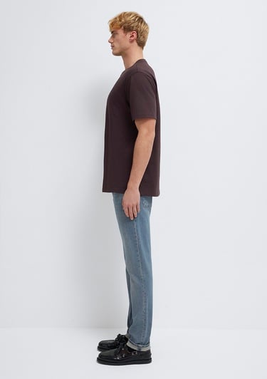  Mavi Bisiklet Yaka Kahverengi Basic Tişört Loose Fit / Bol Rahat Kesim 0611596-88083