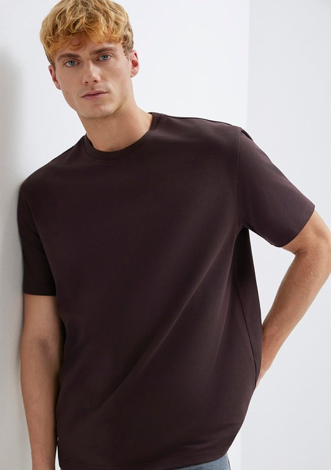  Mavi Bisiklet Yaka Kahverengi Basic Tişört Loose Fit / Bol Rahat Kesim 0611596-88083