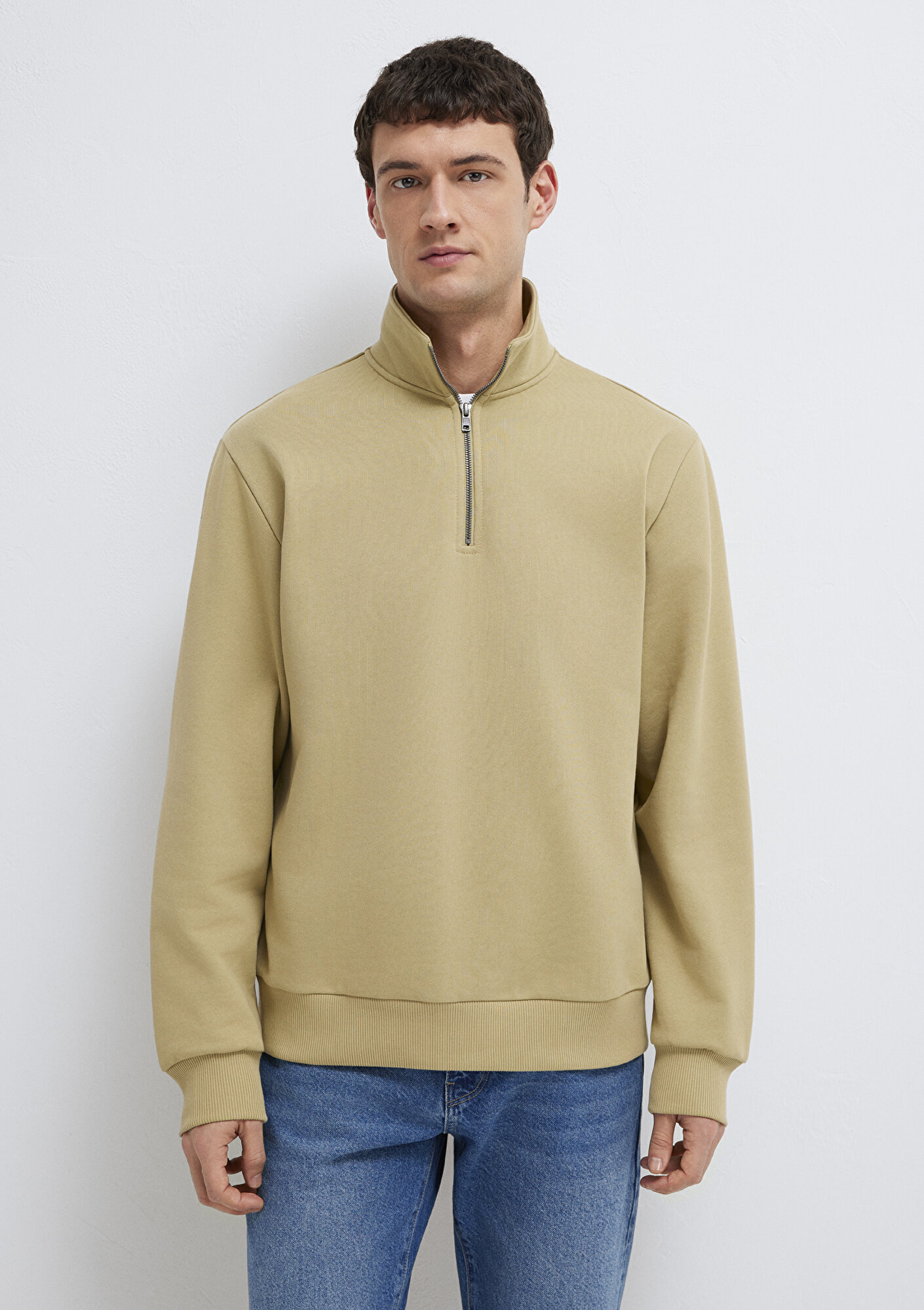  Mavi Yarı Fermuarlı Basic Bej Sweatshirt 0S10419-70204