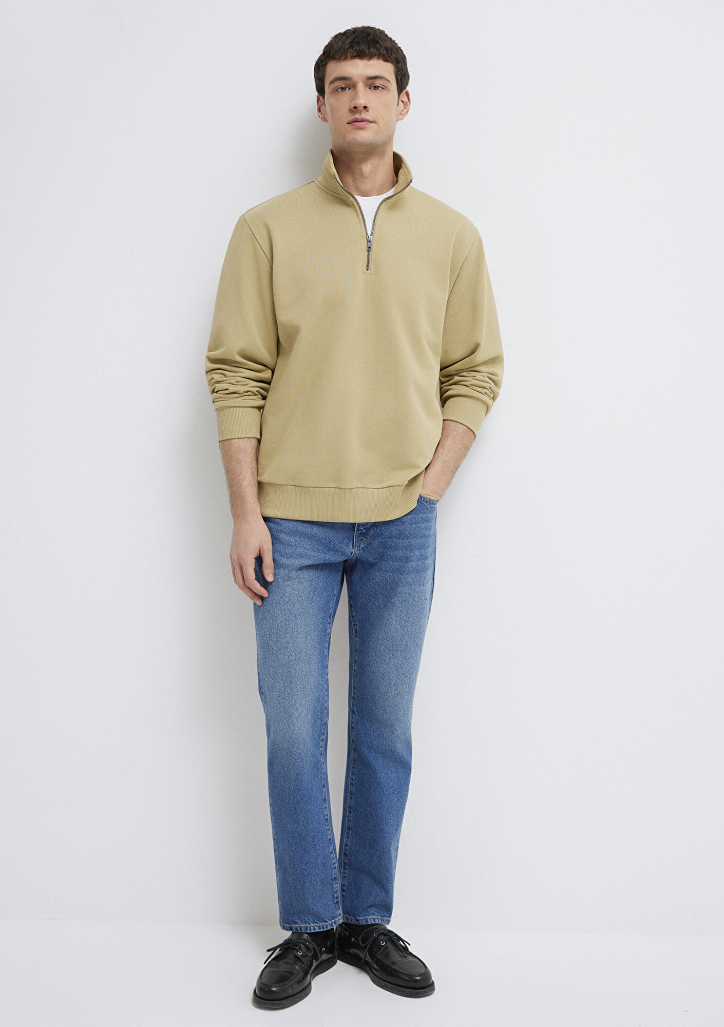  Mavi Yarı Fermuarlı Basic Bej Sweatshirt 0S10419-70204