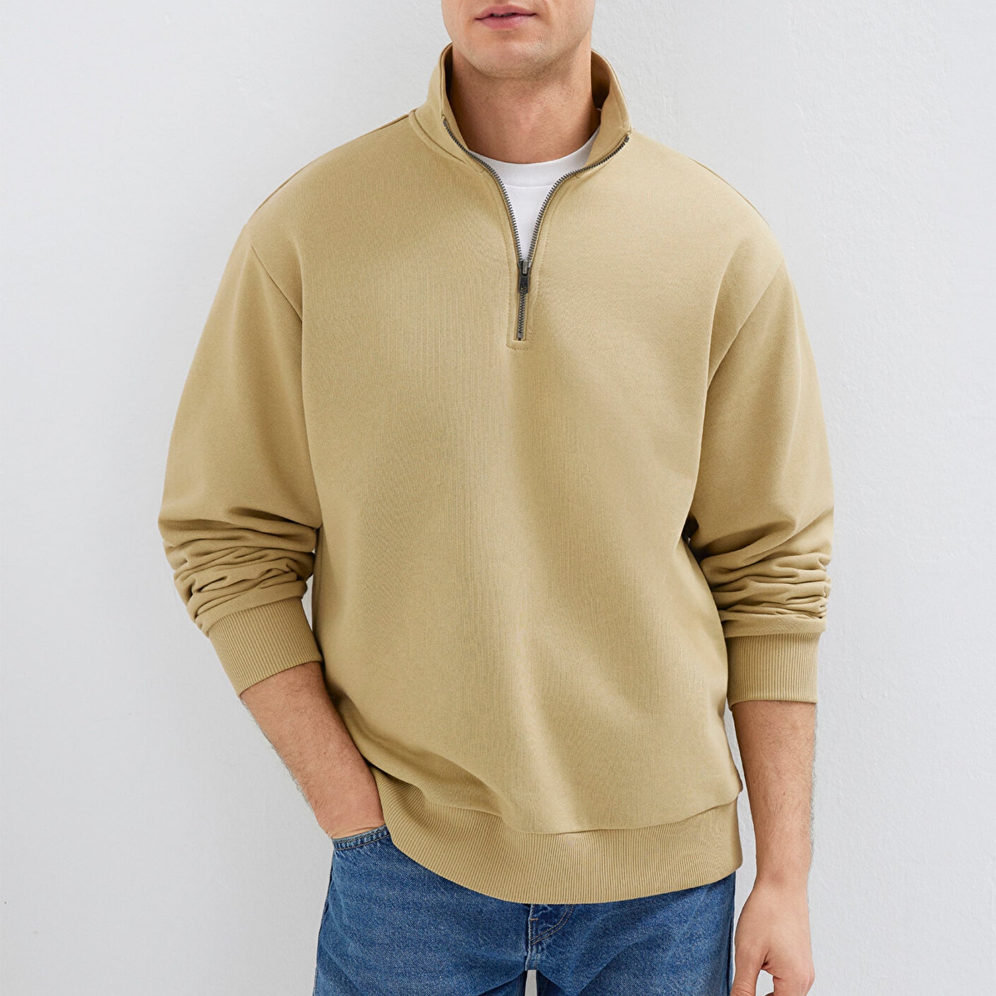 Mavi Yarı Fermuarlı Basic Bej Sweatshirt 0S10419-70204