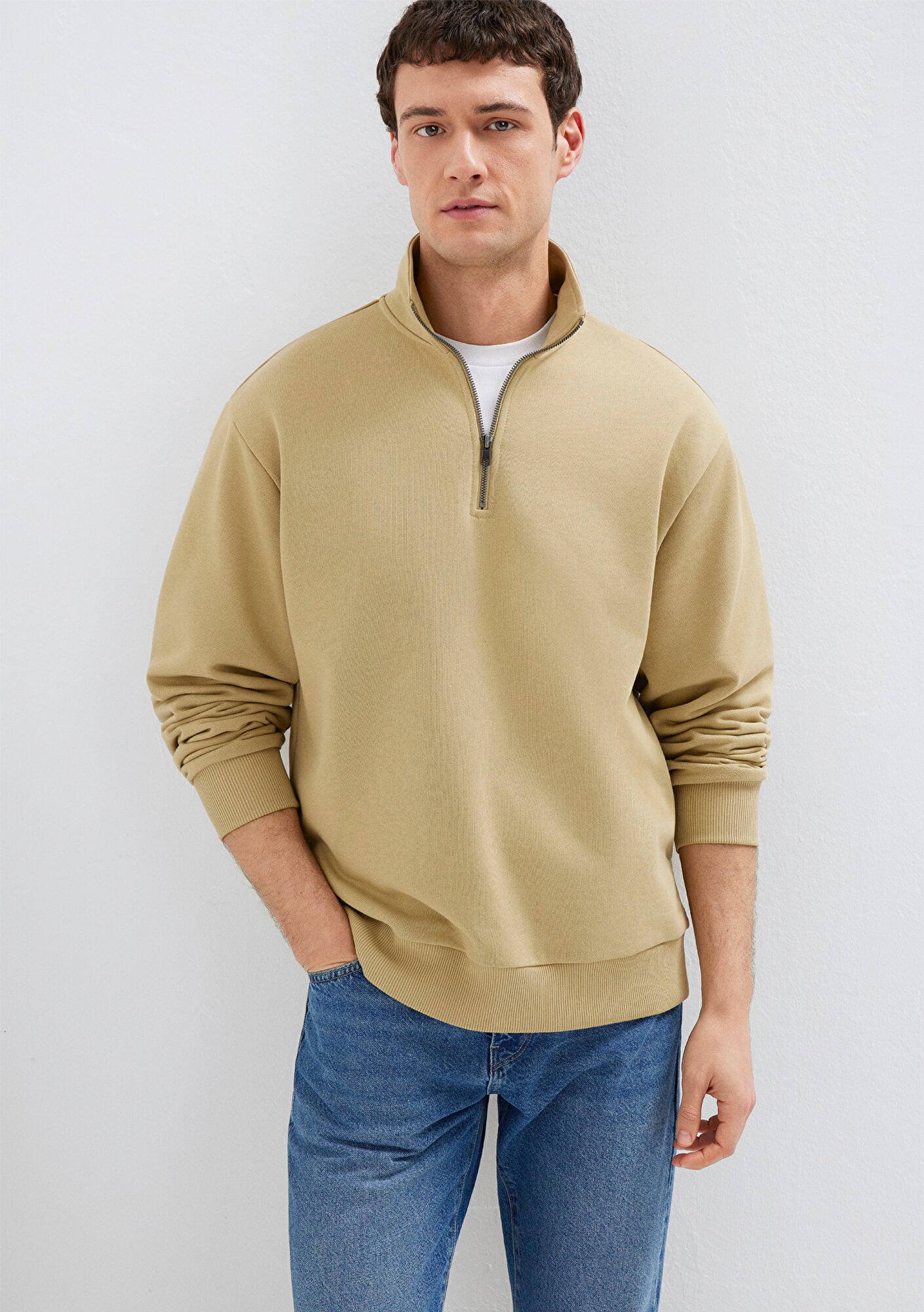  Mavi Yarı Fermuarlı Basic Bej Sweatshirt 0S10419-70204