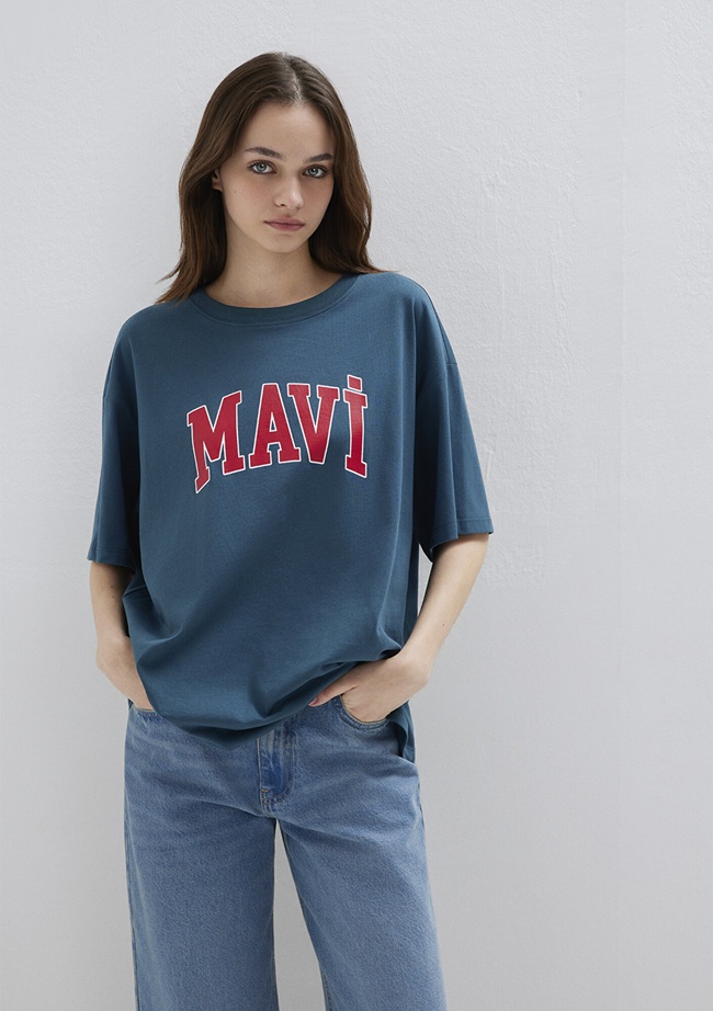  Mavi Mavi Logo Baskılı Mavi Tişört Oversize / Geniş Kesim 1600843-70771