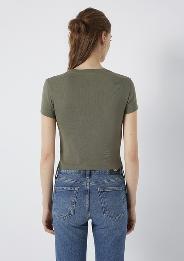  Mavi Bisiklet Yaka Yeşil Basic Tişört Crop / Kısa Kesim 1600814-86961