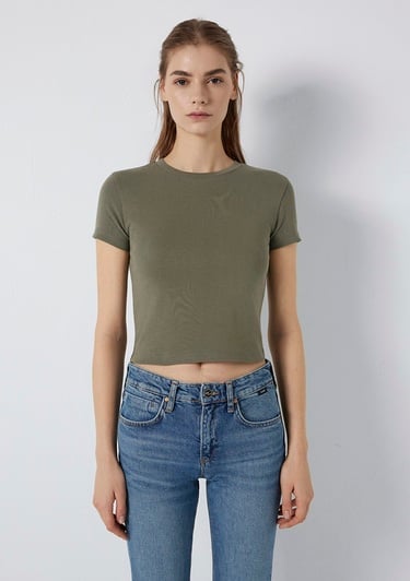  Mavi Bisiklet Yaka Yeşil Basic Tişört Crop / Kısa Kesim 1600814-86961