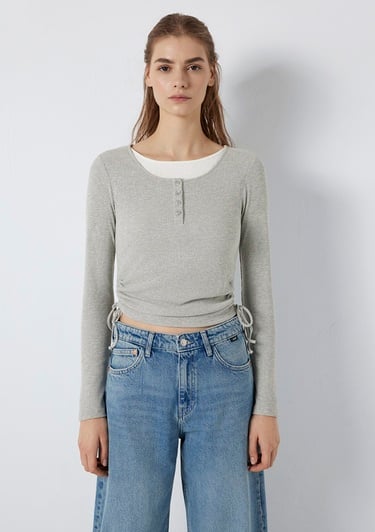  Mavi Uzun Kollu Bağcık Detaylı Gri Tişört Fitted / Vücuda Oturan Kesim 1613768-80196