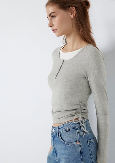  Mavi Uzun Kollu Bağcık Detaylı Gri Tişört Fitted / Vücuda Oturan Kesim 1613768-80196