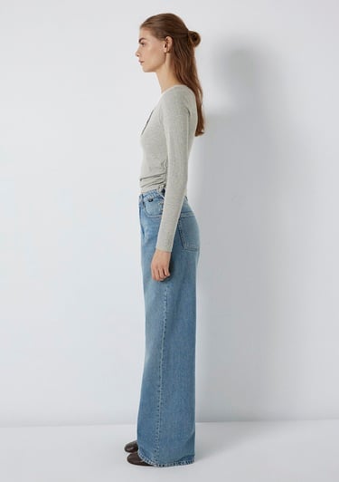  Mavi Uzun Kollu Bağcık Detaylı Gri Tişört Fitted / Vücuda Oturan Kesim 1613768-80196