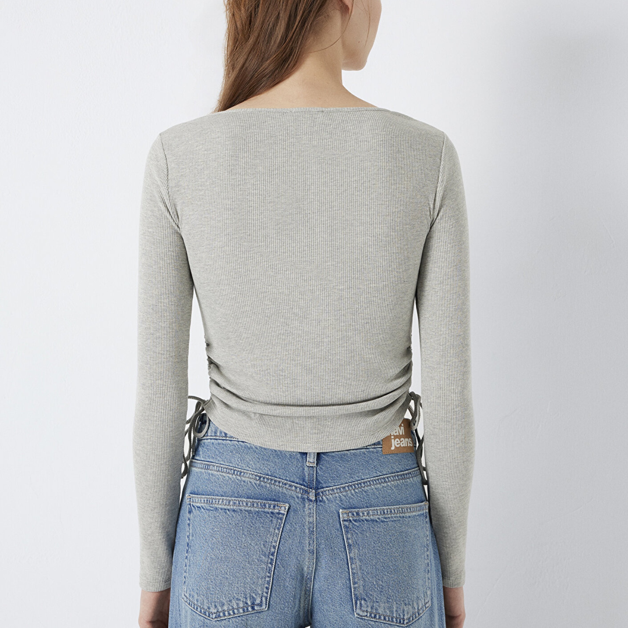 Mavi Uzun Kollu Bağcık Detaylı Gri Tişört Fitted / Vücuda Oturan Kesim 1613768-80196