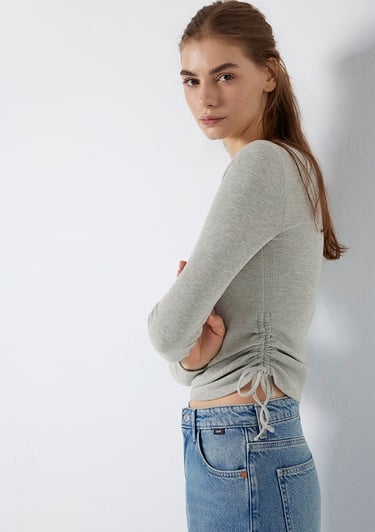  Mavi Uzun Kollu Bağcık Detaylı Gri Tişört Fitted / Vücuda Oturan Kesim 1613768-80196