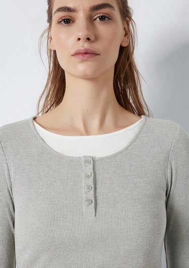  Mavi Uzun Kollu Bağcık Detaylı Gri Tişört Fitted / Vücuda Oturan Kesim 1613768-80196