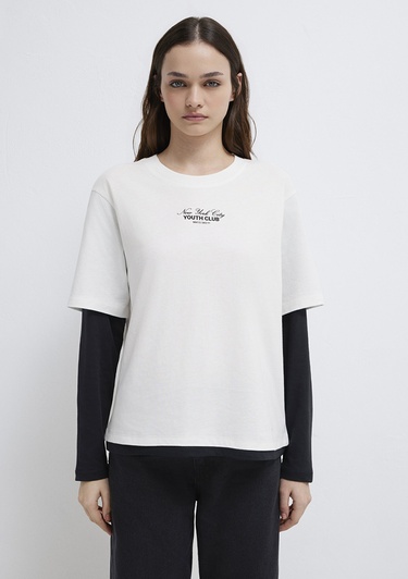  Mavi Bisiklet Yaka Sırt Baskılı BeyazTişört Regular Fit / Normal Kesim 1613766-70057