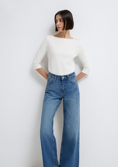  Mavi Düğme Detaylı Ekru Tişört Slim Fit / Dar Kesim 1613760-70057