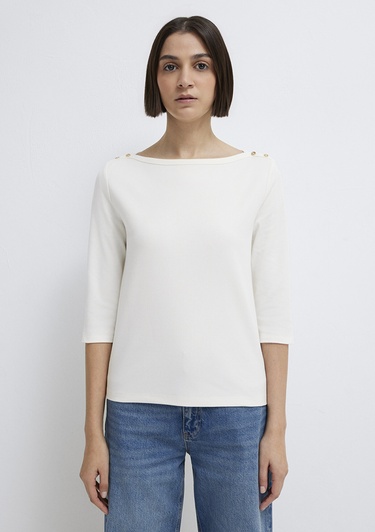  Mavi Düğme Detaylı Ekru Tişört Slim Fit / Dar Kesim 1613760-70057