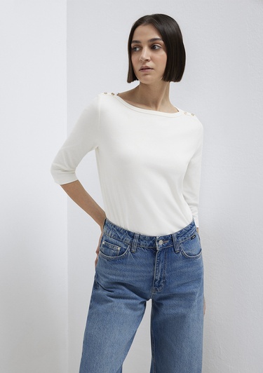  Mavi Düğme Detaylı Ekru Tişört Slim Fit / Dar Kesim 1613760-70057