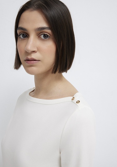  Mavi Düğme Detaylı Ekru Tişört Slim Fit / Dar Kesim 1613760-70057