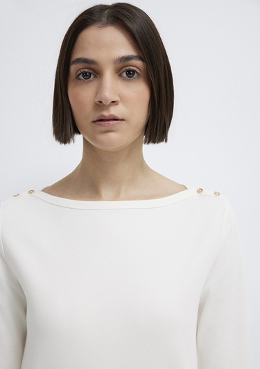  Mavi Düğme Detaylı Ekru Tişört Slim Fit / Dar Kesim 1613760-70057