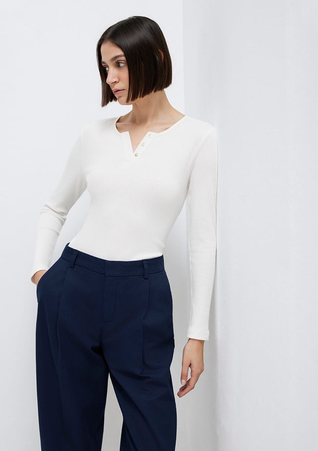  Mavi Uzun Kollu Düğme Detaylı Ekru Tişört Slim Fit / Dar Kesim 1613756-70057