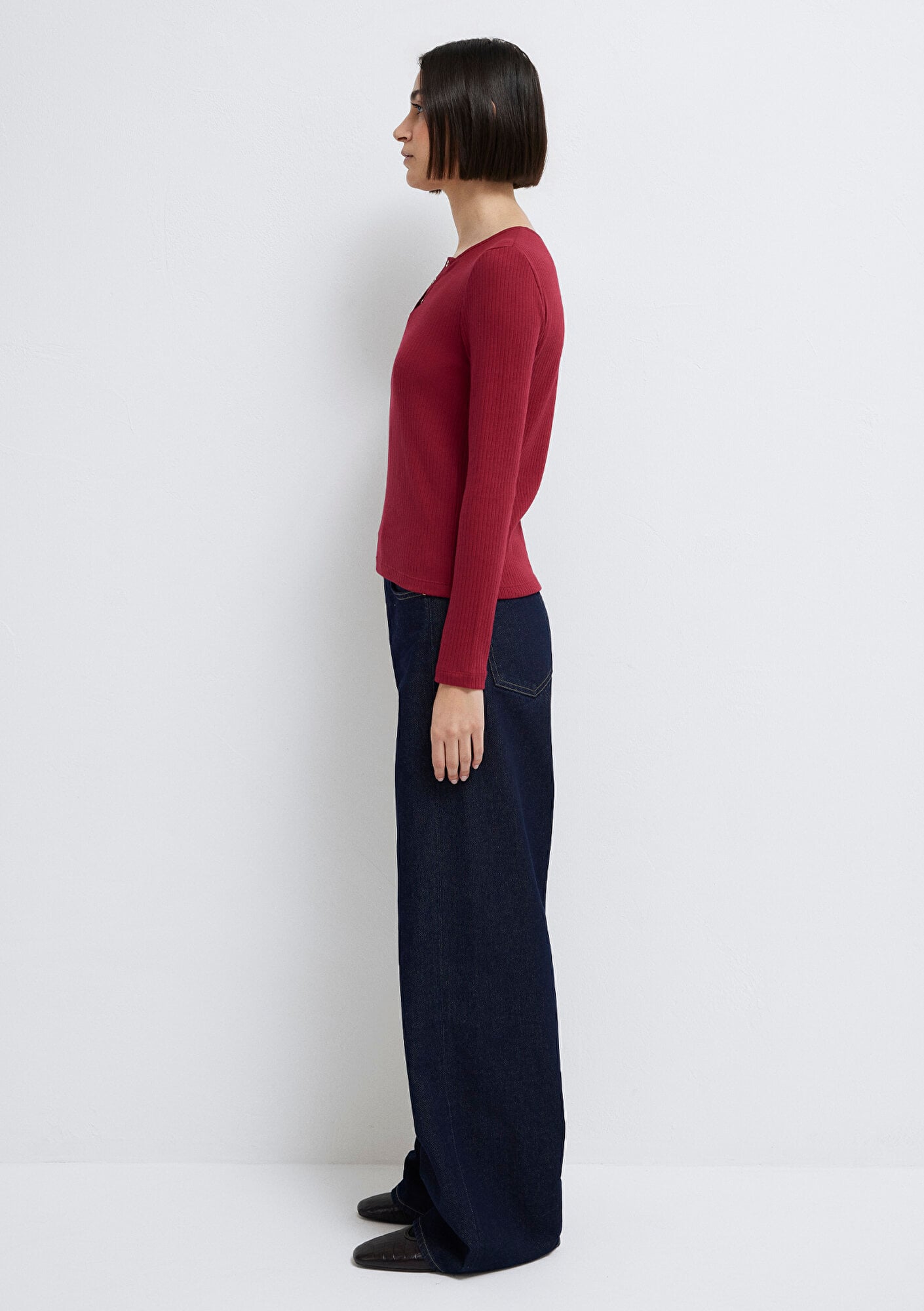 Mavi Uzun Kollu Düğme Detaylı Kırmızı Tişört Slim Fit / Dar Kesim 1613756-70431