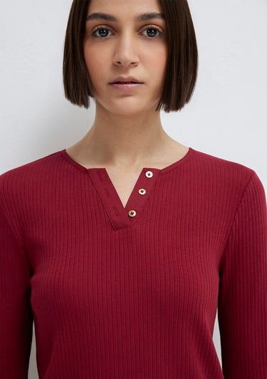  Mavi Uzun Kollu Düğme Detaylı Kırmızı Tişört Slim Fit / Dar Kesim 1613756-70431