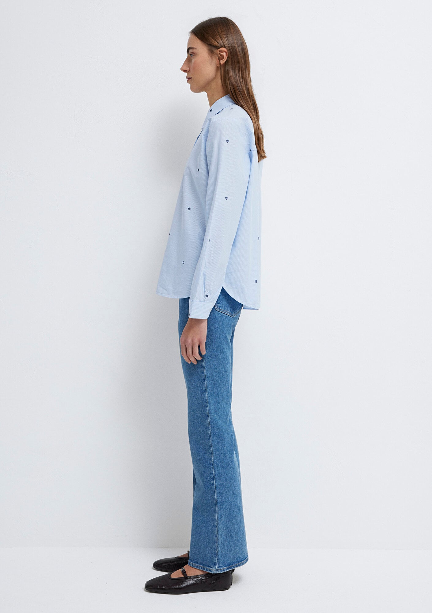 Mavi Çiçek Baskılı Mavi Gömlek Loose Fit / Bol Rahat Kesim 1210610-91382