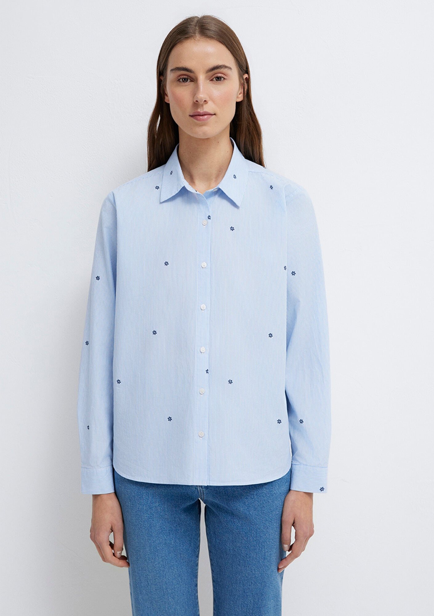 Mavi Çiçek Baskılı Mavi Gömlek Loose Fit / Bol Rahat Kesim 1210610-91382