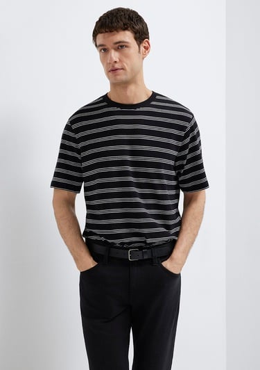  Mavi Çizgili Siyah Tişört Regular Fit / Normal Kesim 0613134-900