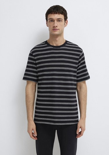  Mavi Çizgili Siyah Tişört Regular Fit / Normal Kesim 0613134-900
