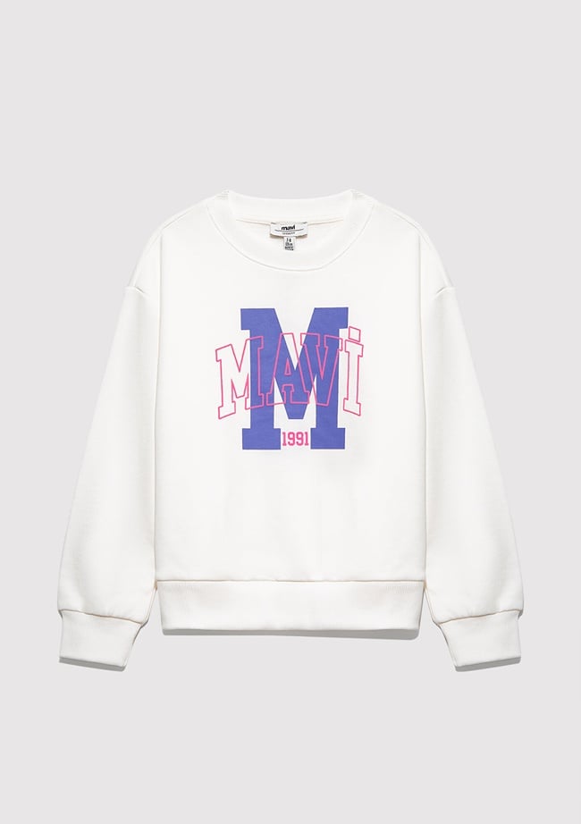  Mavi M Logo Baskılı Ekru Sweatshirt 7S10118-70057