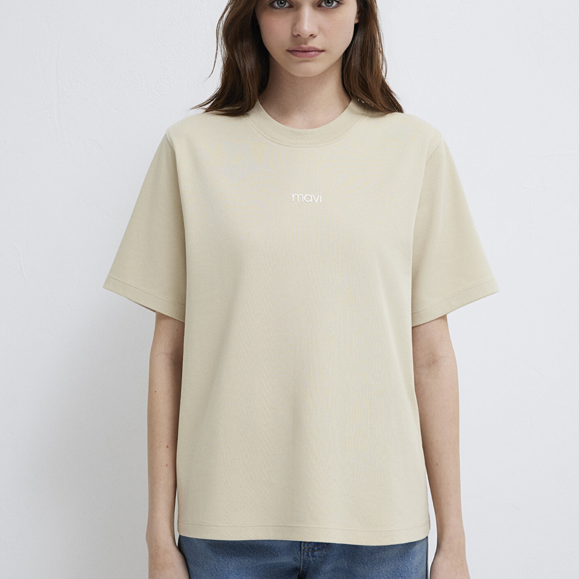 Mavi Mavi Logo Baskılı Bej Tişört Regular Fit / Normal Kesim 1612829-70325