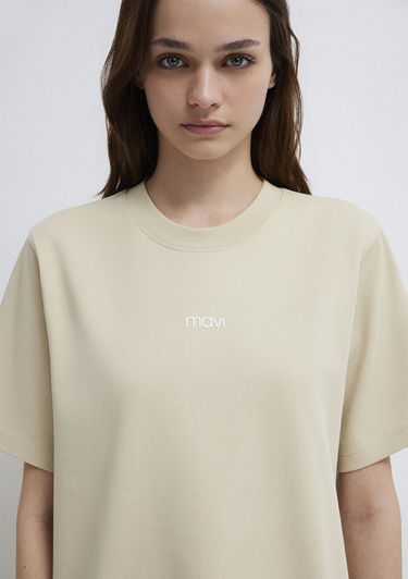  Mavi Mavi Logo Baskılı Bej Tişört Regular Fit / Normal Kesim 1612829-70325