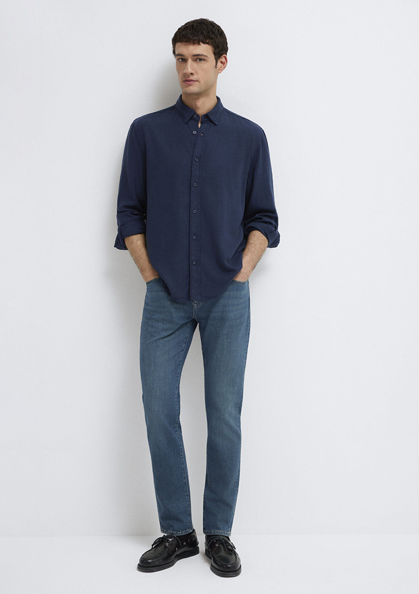  Mavi Keten Karışımlı Lacivert Tencel TM Liyosel Gömlek Regular Fit / Normal Kesim 0211482-70490