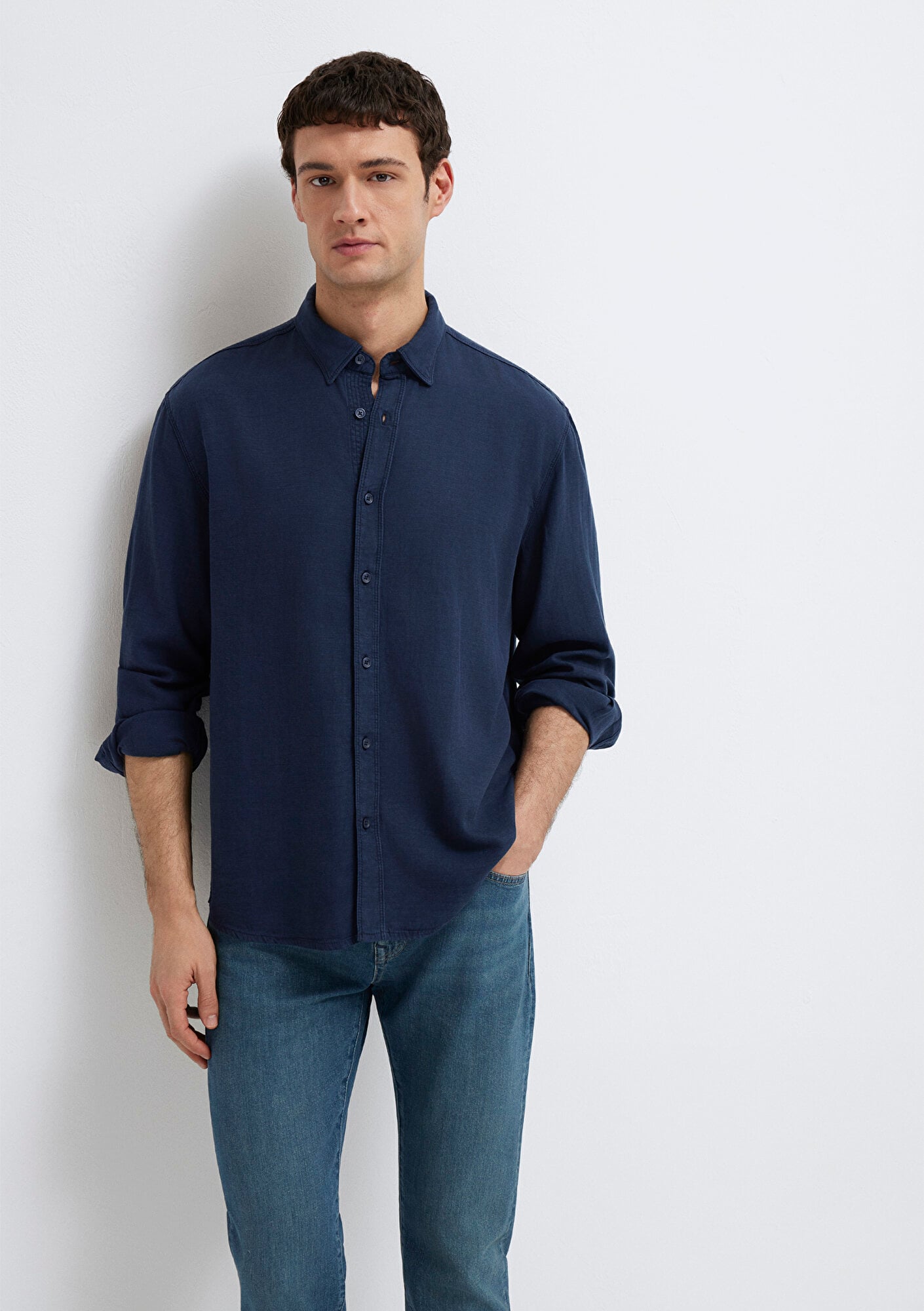  Mavi Keten Karışımlı Lacivert Tencel TM Liyosel Gömlek Regular Fit / Normal Kesim 0211482-70490