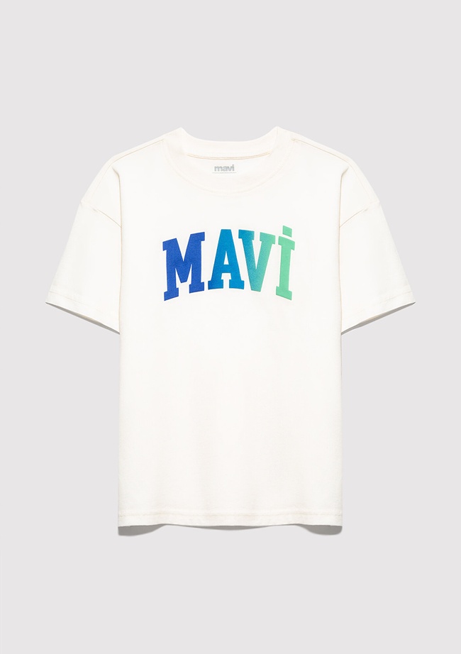  Mavi Mavi Logo Baskılı Ekru Tişört Loose Fit / Bol Rahat Kesim 6610440-70057
