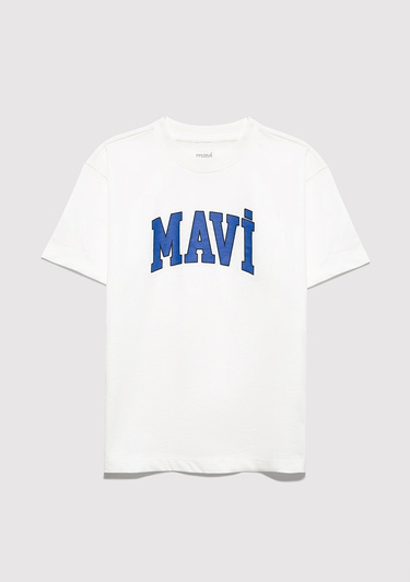  Mavi Mavi Logo Baskılı Ekru Tişört Loose Fit / Bol Rahat Kesim 6610418-70057