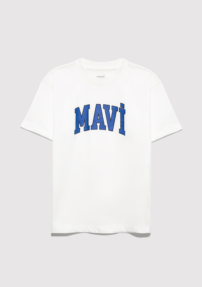  Mavi Mavi Logo Baskılı Ekru Tişört Loose Fit / Bol Rahat Kesim 6610418-70057