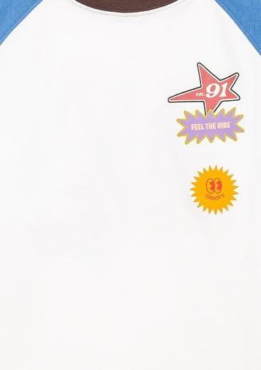  Mavi Baskılı Ekru Tişört Loose Fit / Bol Rahat Kesim 6610410-70057