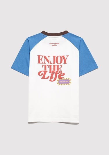  Mavi Baskılı Ekru Tişört Loose Fit / Bol Rahat Kesim 6610410-70057