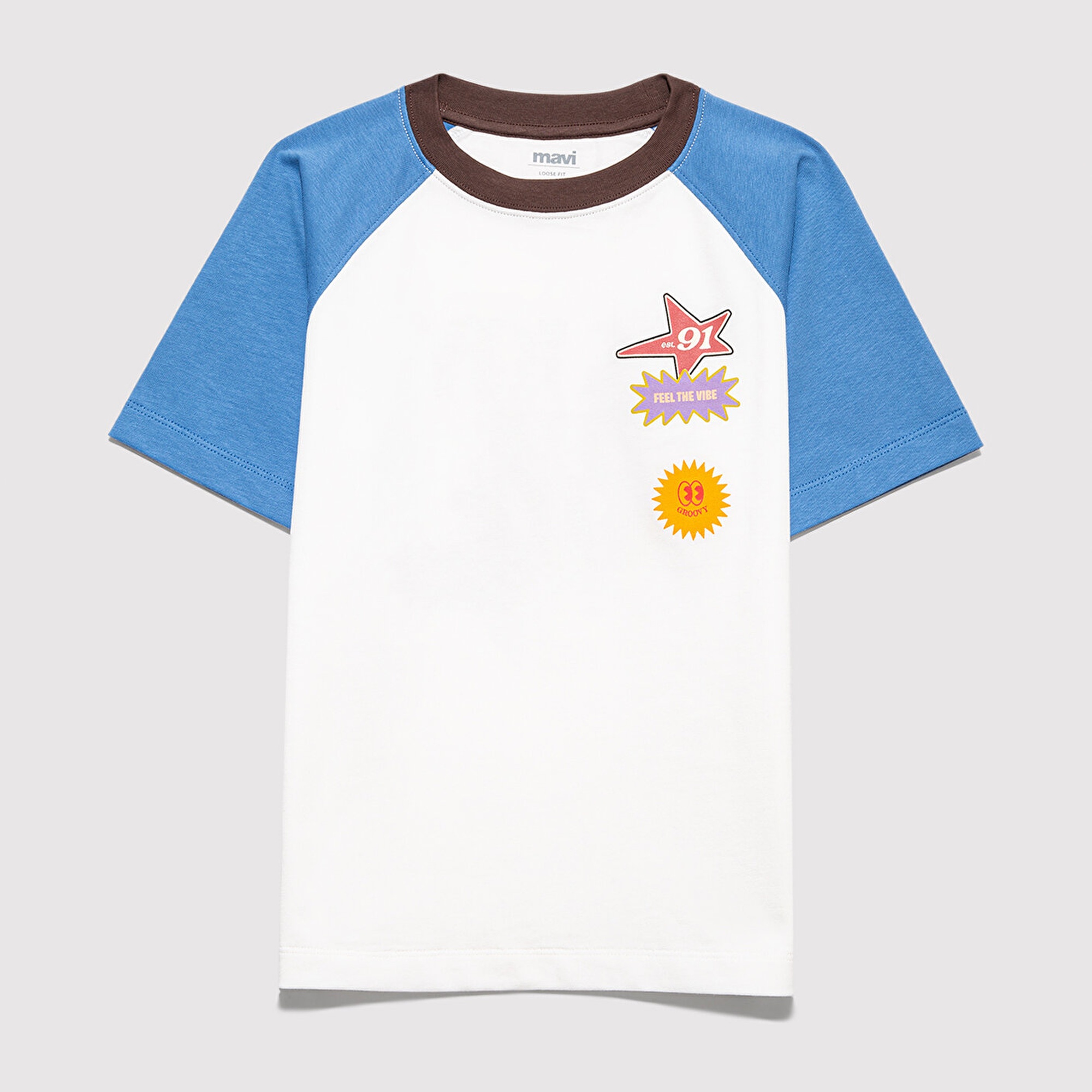 Mavi Baskılı Ekru Tişört Loose Fit / Bol Rahat Kesim 6610410-70057