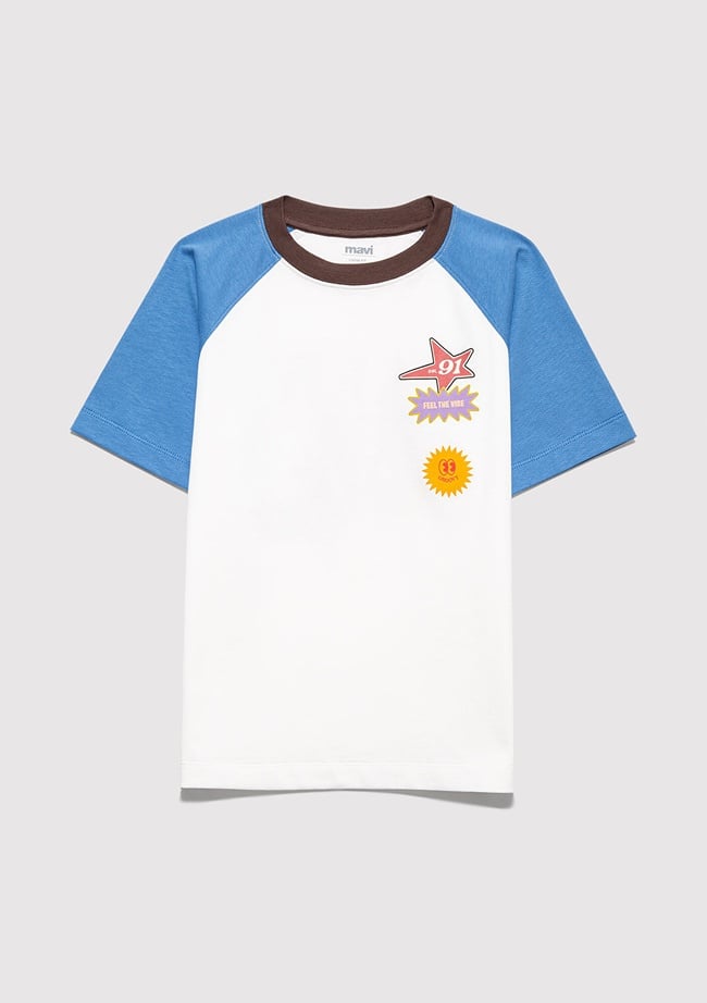  Mavi Baskılı Ekru Tişört Loose Fit / Bol Rahat Kesim 6610410-70057