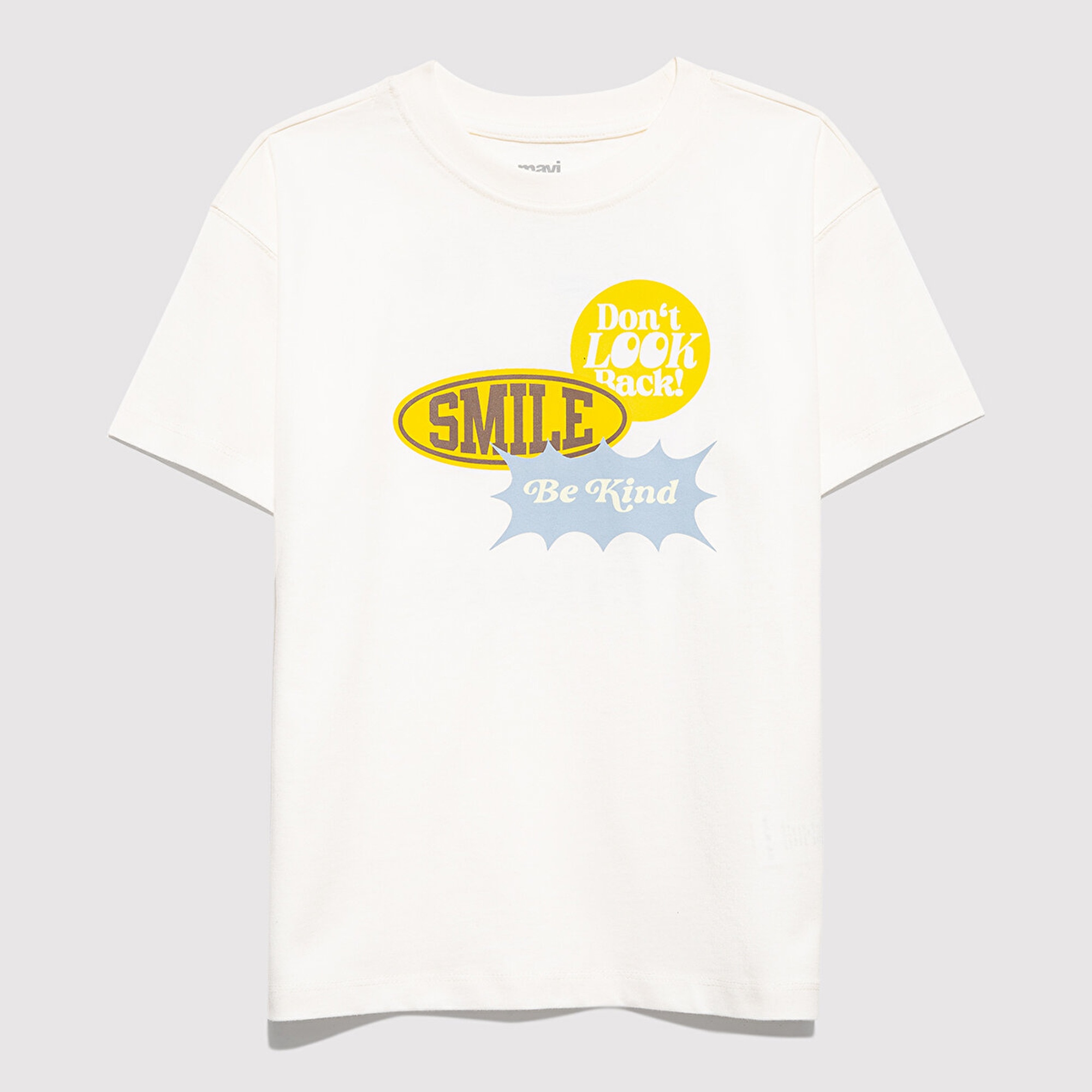 Mavi Baskılı Ekru Tişört Loose Fit / Bol Rahat Kesim 6610399-70057