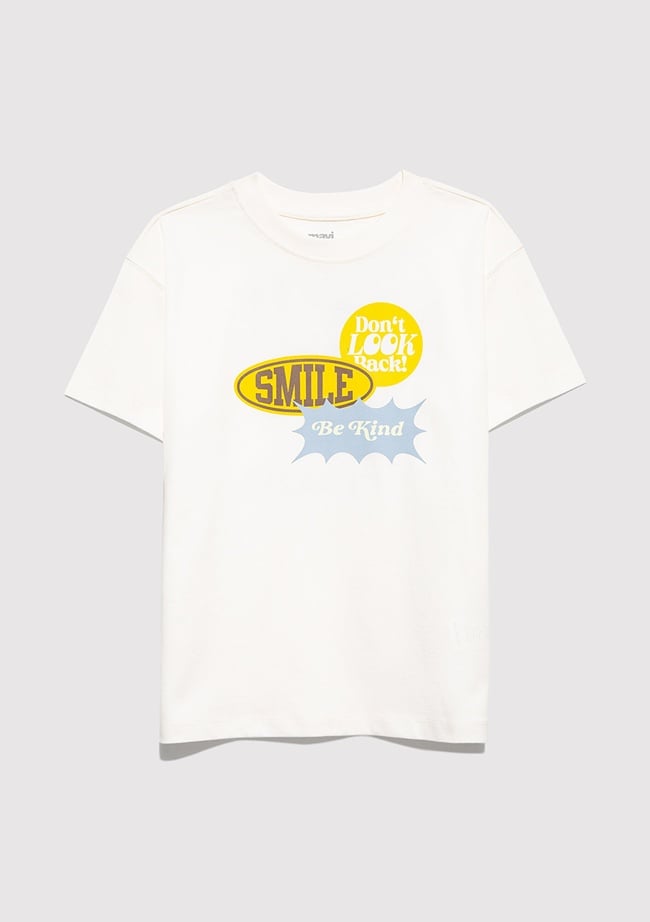  Mavi Baskılı Ekru Tişört Loose Fit / Bol Rahat Kesim 6610399-70057