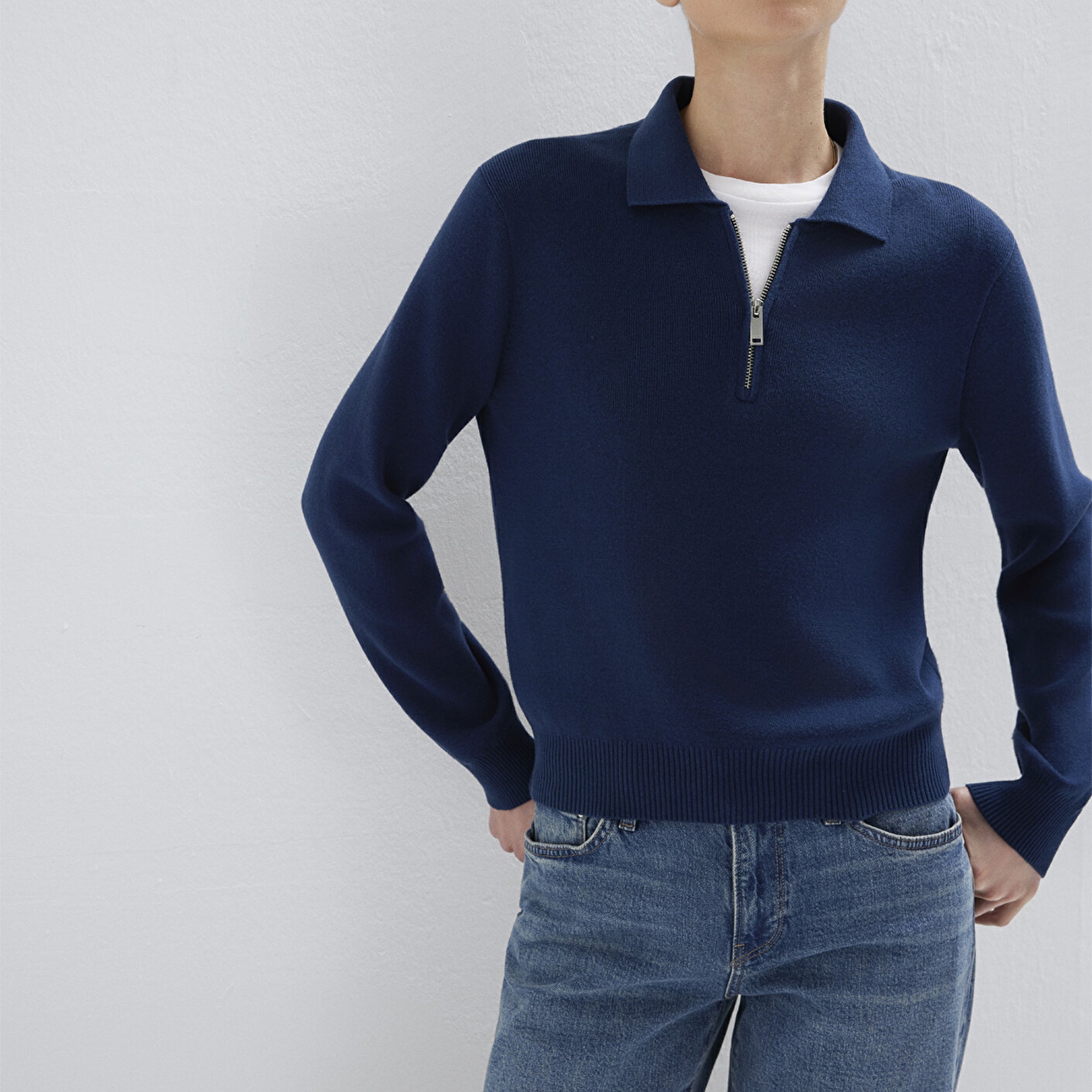 Mavi Lacivert Yarı Fermuarlı Triko Polo 1710842-70497