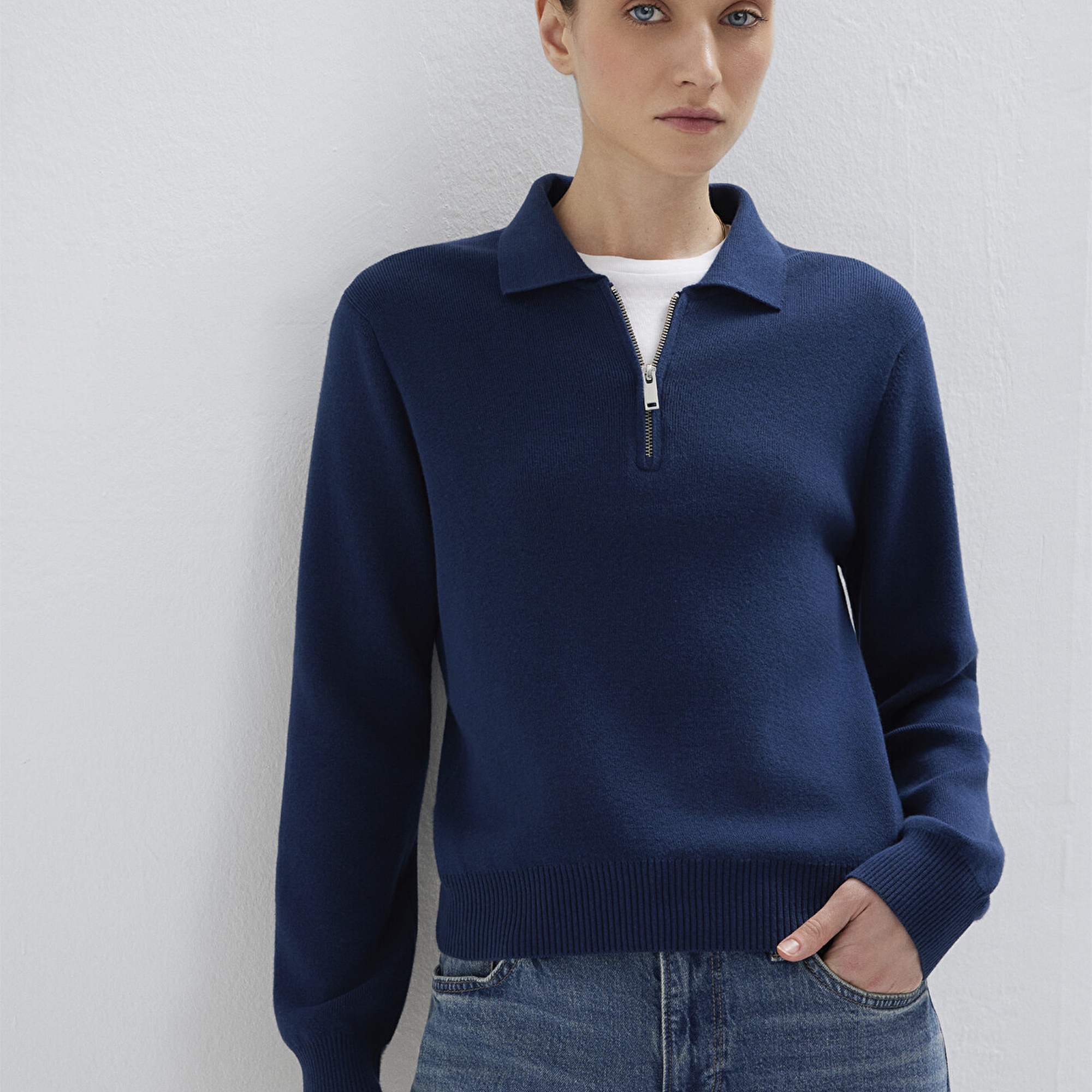 Mavi Lacivert Yarı Fermuarlı Triko Polo 1710842-70497