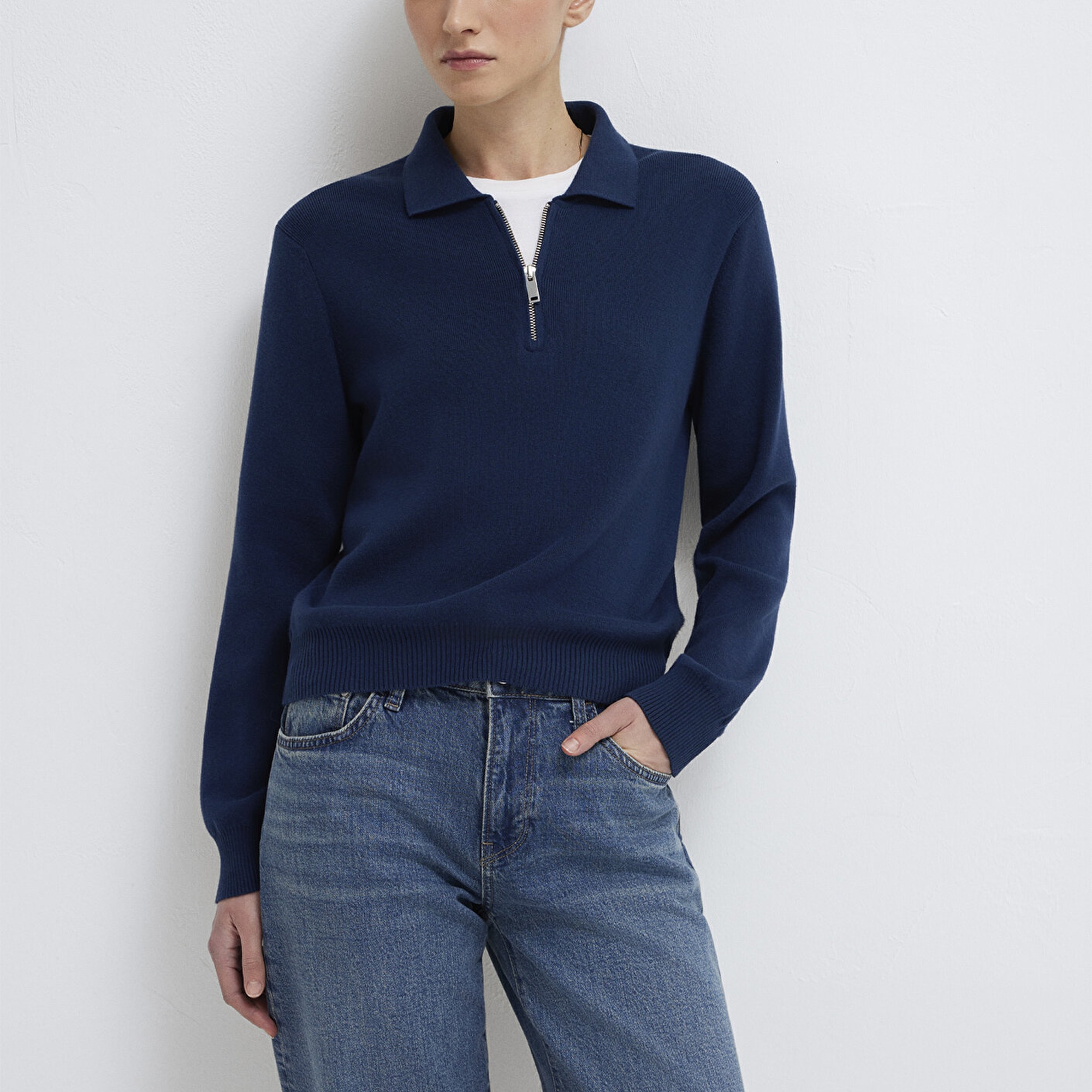 Mavi Lacivert Yarı Fermuarlı Triko Polo 1710842-70497